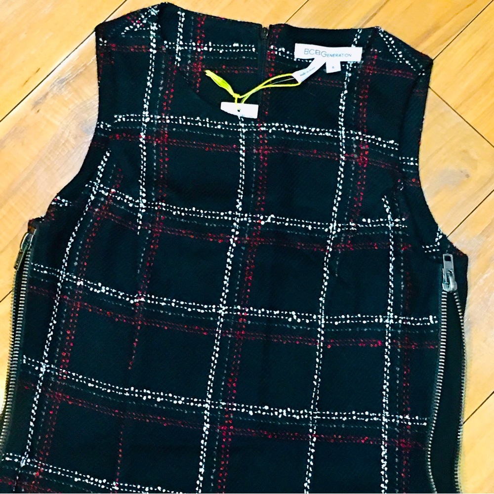 BCBG tweed dress window pane career workwear black white 6 small NEW TAGS